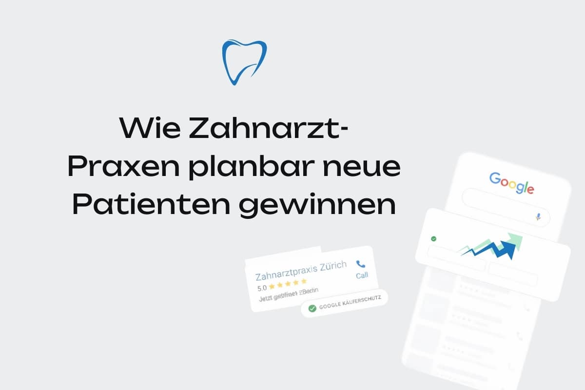 Titelbild vom Blogpost mit dem Titel wie Zahnarztpraxen planbar neue Patienten gewinnen. Auf der Seite ein Smartphone, welches Google geöffnet hat und einen kleinen Ausschnitt vom Google Business Profil